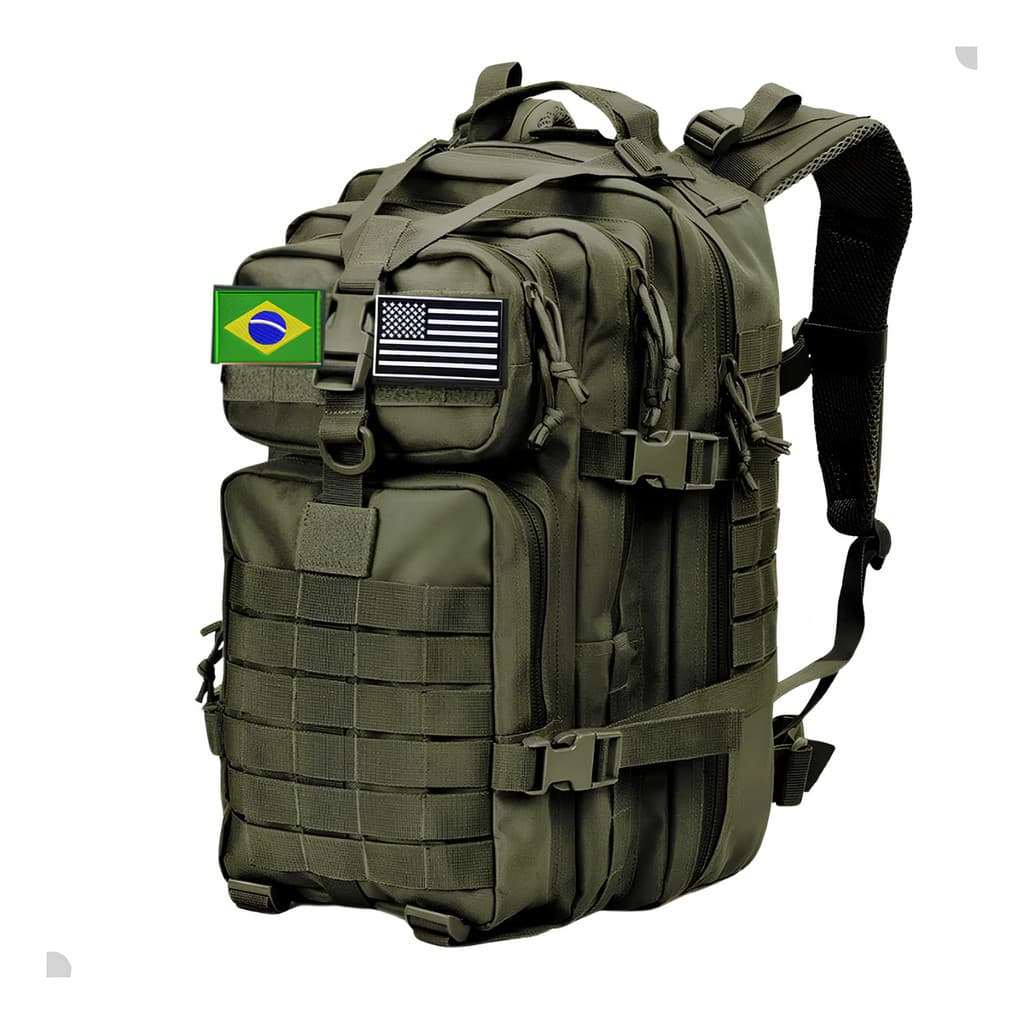 Mochila Militar Tática 50 Litros Grande Impermeável  Qualidade Premium Com Patch Brasil e Estados Unidos