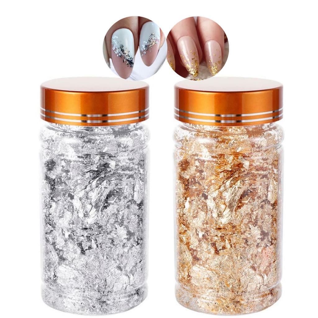 Pote Grande Folha de Ouro Prata / Resina Epóxi/ Encapsulamento Nails / Alongamento