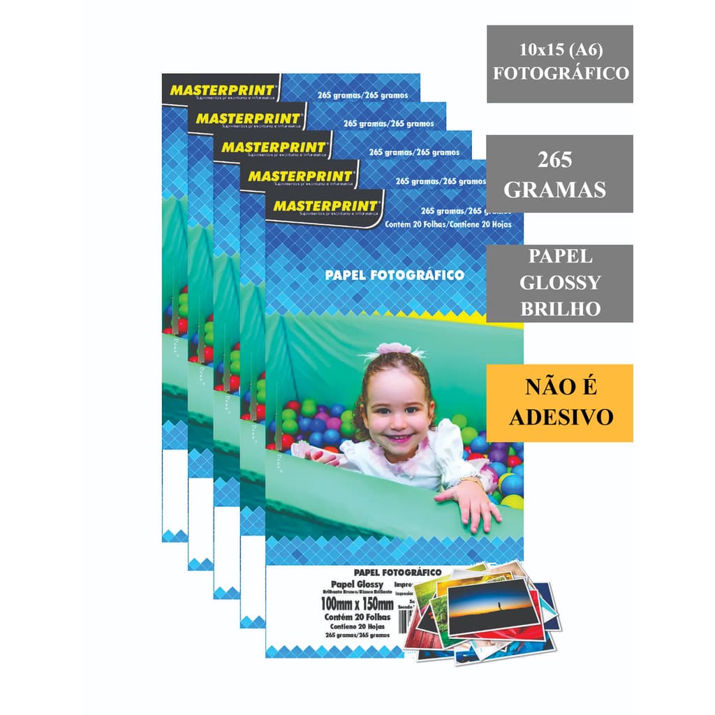 Papel Fotográfico A6 10x15 Glossy Brilho à Prova D'água Resistente 265g Premium Masterprint