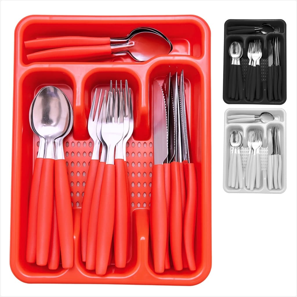 Talheres 24 Pecas Com Cabo Colorido E Porta Talher Incluso