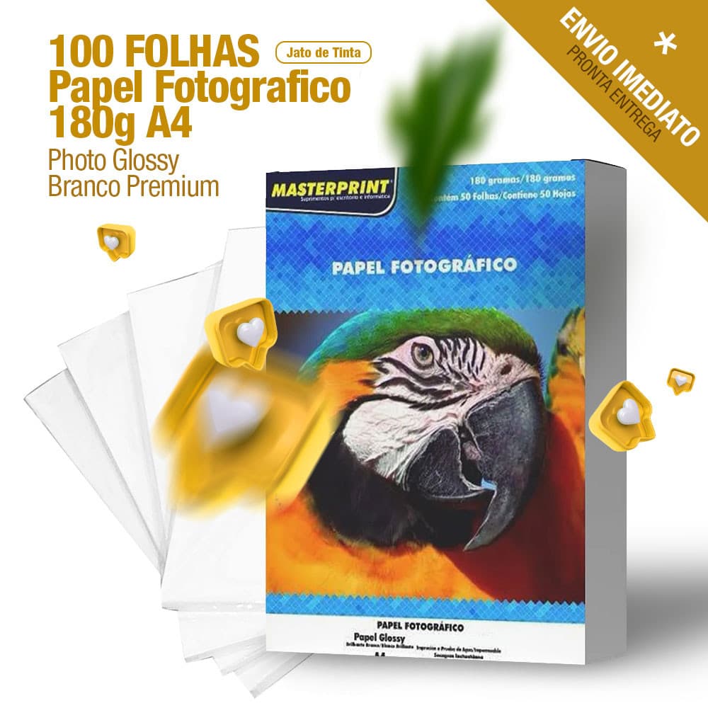 100 folhas Papel Fotografico 180g A4 Photo Glossy Branco Premium - Masterprint Jato de Tinta para grafica rapida studio