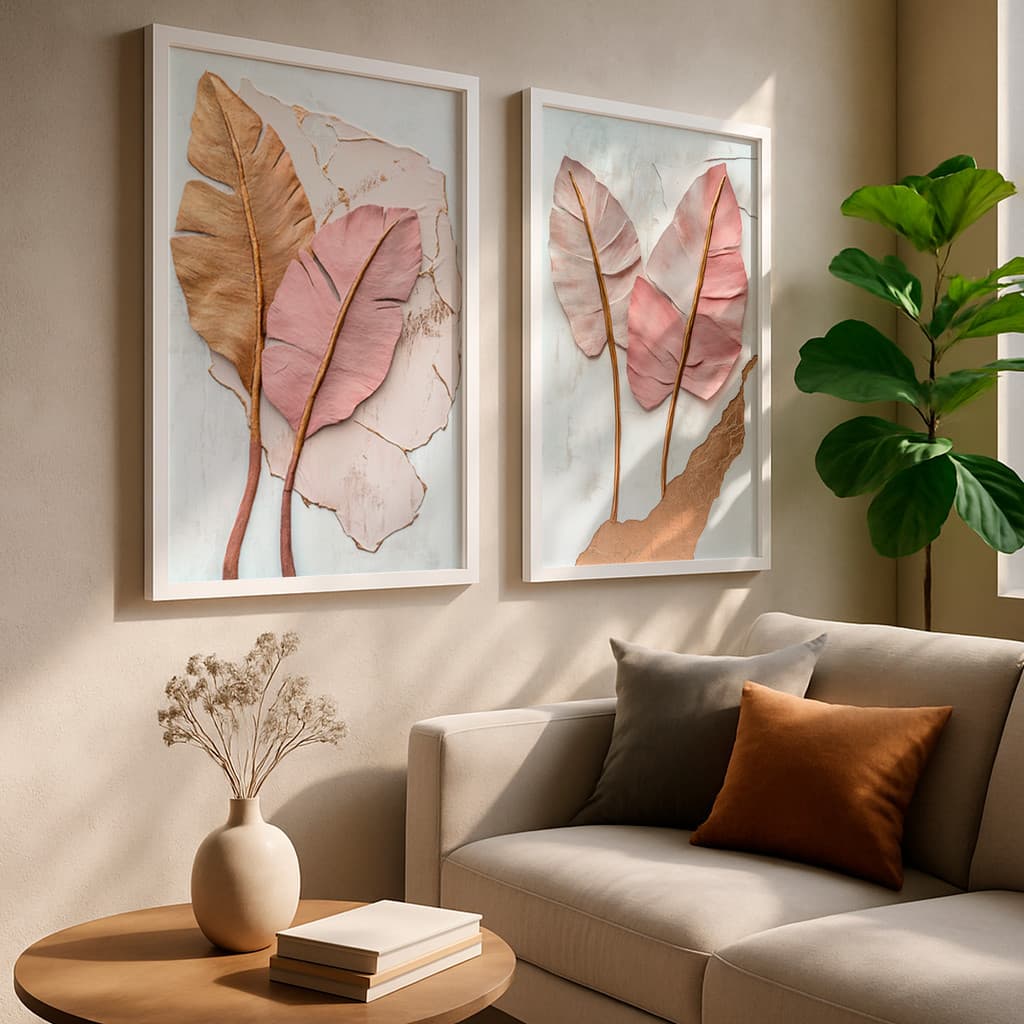 Kit 2 Quadros Folhas Douradas e Rosê Relevo Texturizado Tropical Moderno Elegante Com Moldura