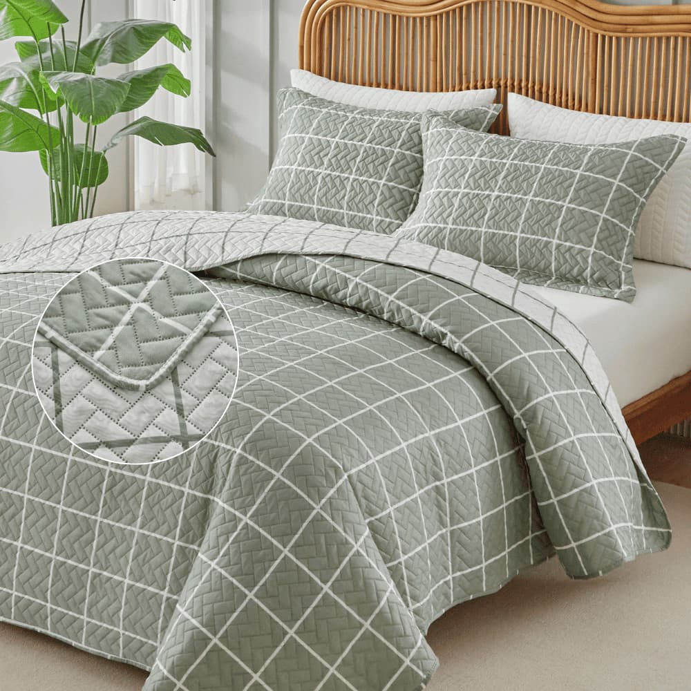 Kit Colcha Cobre Leito 300 Fios Grid 3 Pçs Itália Dupla Face Aba Americana King Queen Casal Solteiro