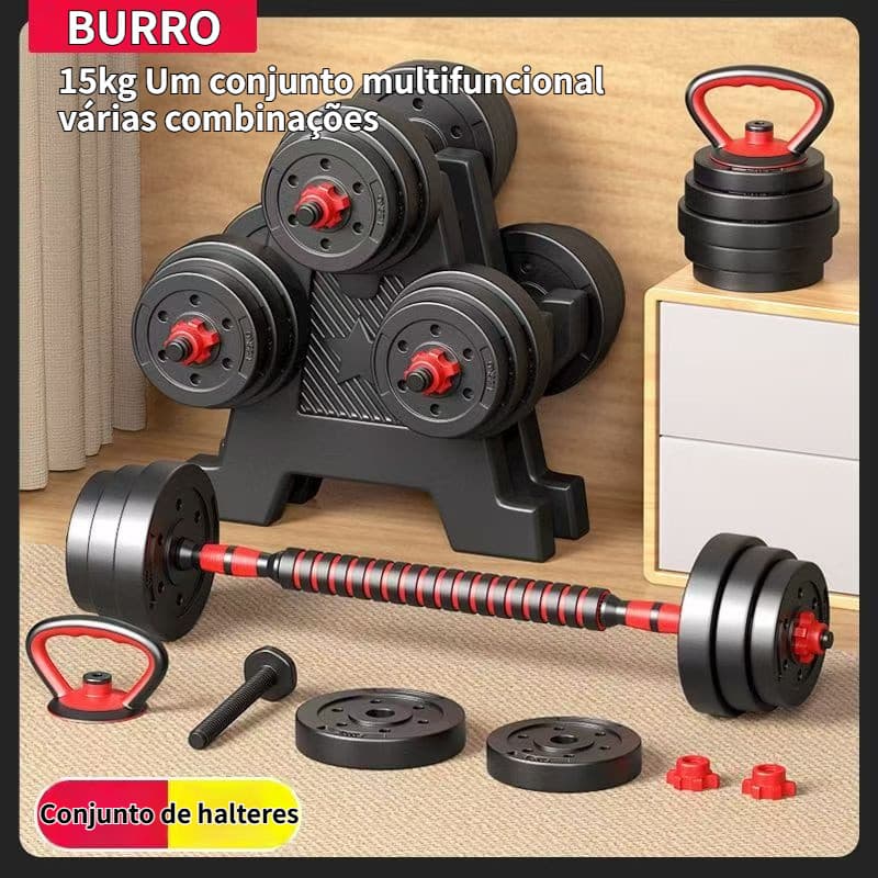 15kg Kit Halteres Barra Kettlebell 6 em 1 Peso Musculação treino em casa