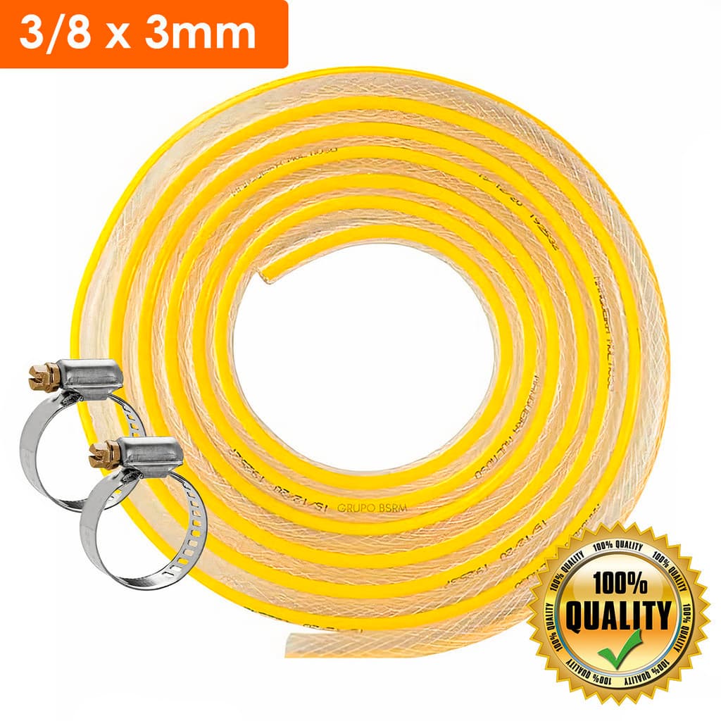 Mangueira de Gás Cozinha Fogão Botijão GLP Trançada 3/8 x 3 mm + 2 Abraçadeiras 1/2/3/4/5 Metros