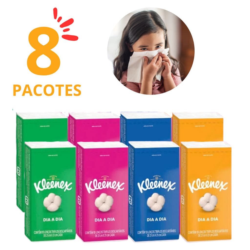 Lenço de Papel Triplo Kleenex Kit 8 Pacotes com 10 Unidades cada