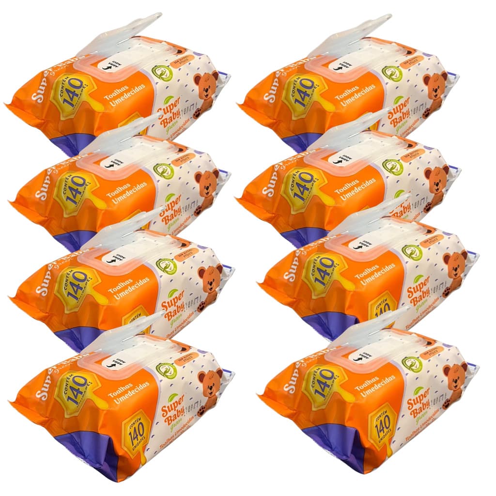 Kit com 1120 Toalhas Umedecidas Super Baby 20 x 12 cm = 8 pacotes com 140 toalhas cada