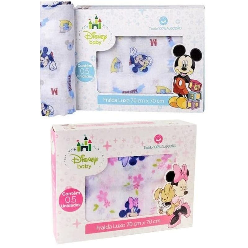 Fralda de Pano Bebê Luxo Disney Baby Mickey Minnie 70x70 - 5 Unidades