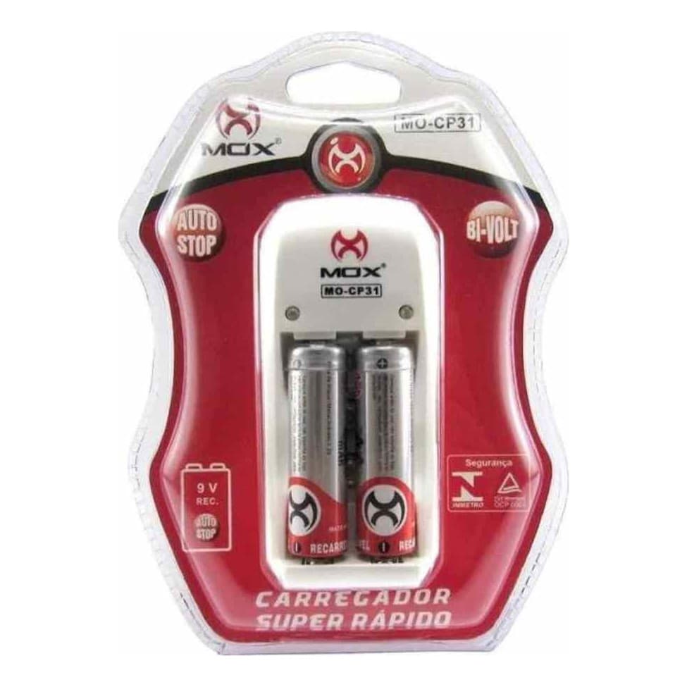 CARREGADOR DE PILHA MOX MO-CP31 c/2 Pilhas AA 2700 mAh Bi-Volt - Auto Stop p/ pilhas e 9V