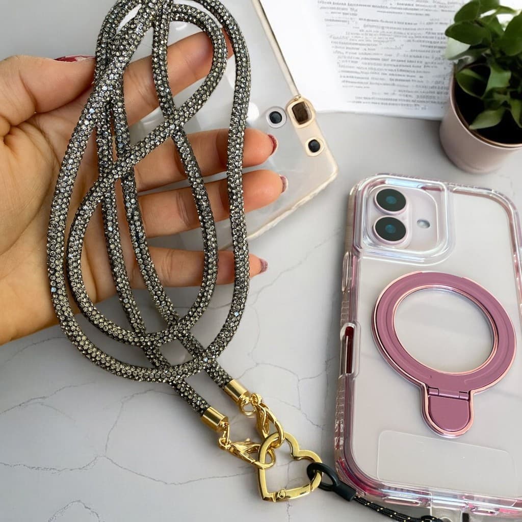 Cordão de Celular de Luxo com Strass  | Alça com Coração Dourado Detalhes Premium !
