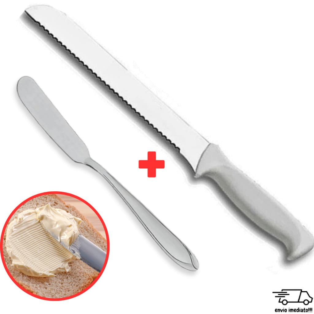Kit Faca Serrilhada + Espatula - Corta Pão Frios Lanches Manteiga Comida Utensilios INOX Casa