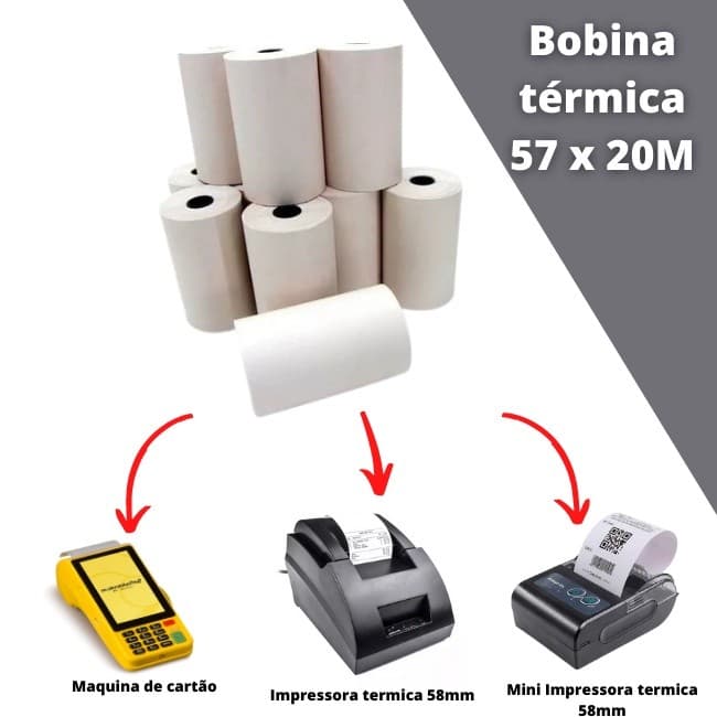 Bobina térmica 57mm / 58mm para mini impressora bluethooth cupom delivery nota fiscal