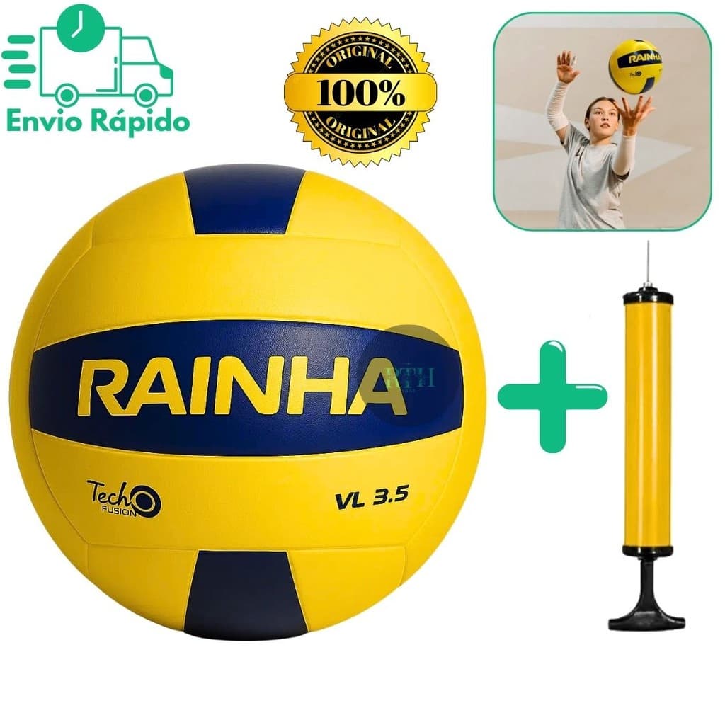 Bola De Vôlei 3.5 Rainha Original E Bomba De Ar Profissional Para Quadra Praia Amarela Branca