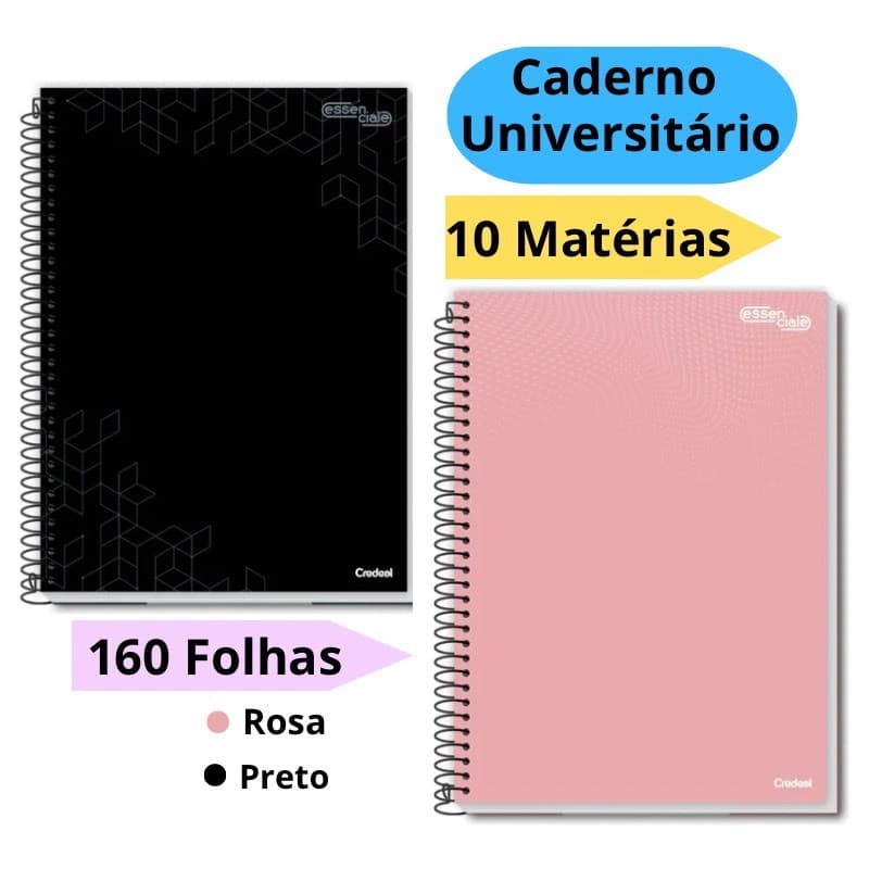 Caderno Universitário Capa Dura 20 Matérias Preto Rosa Escolar Credeal