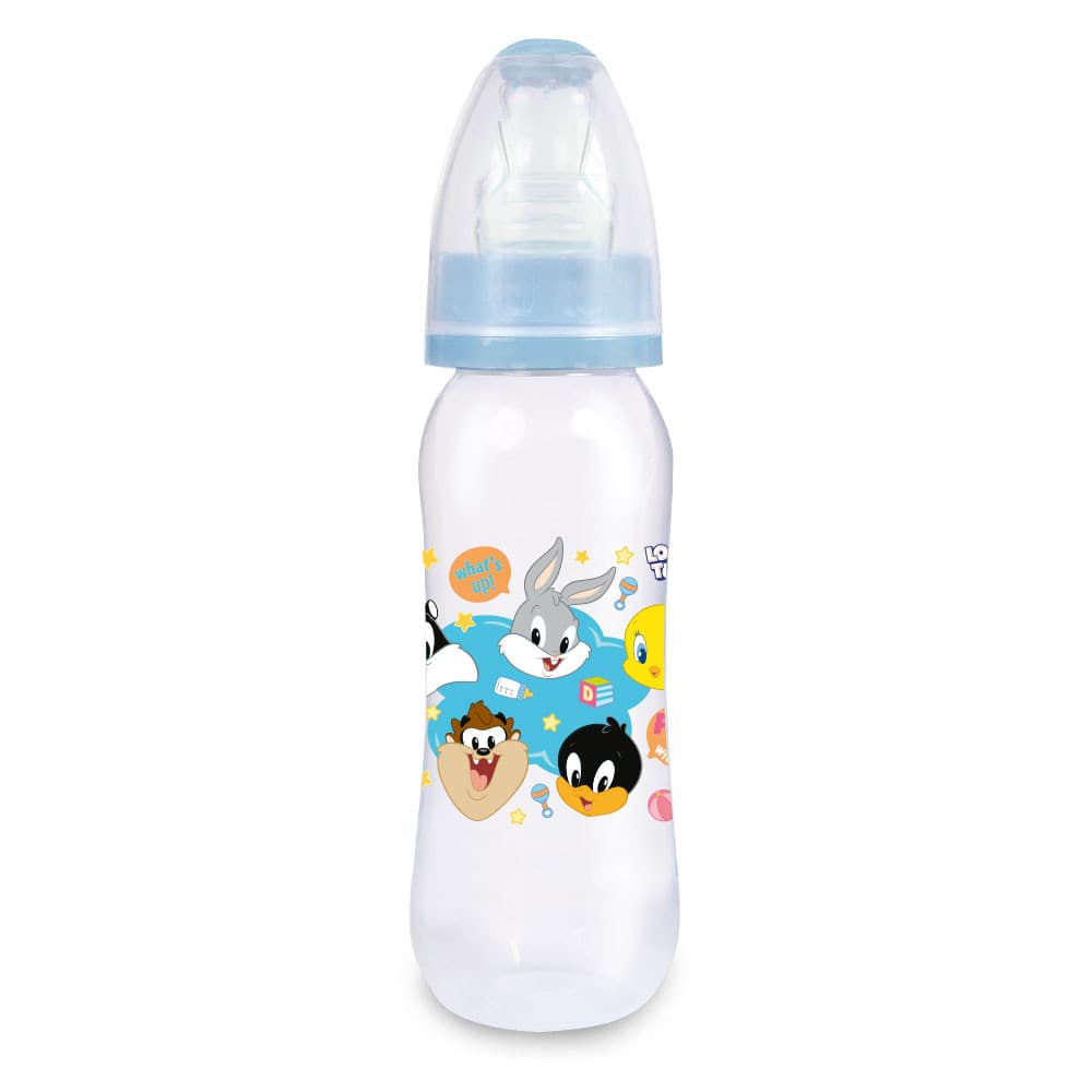 Minha Primeira Mamadeira Dois Bicos Ortodôntico + Convencional Macios Looney Tunes Azul 240ml BabyGo