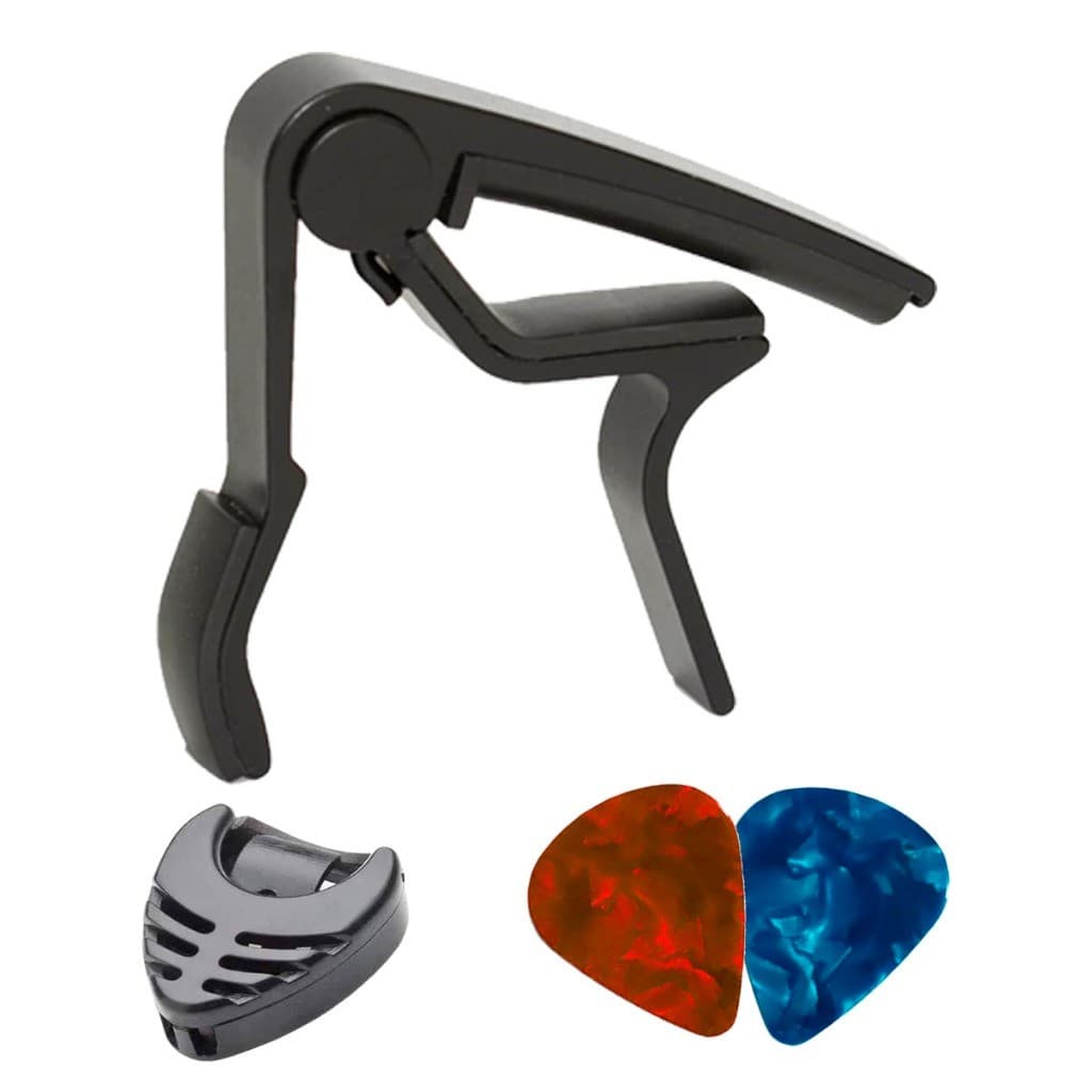 Capotraste Pestana Braçadeira Violão Guitarra Ukulele + Porta Palhetas+ 2 Palhetas NV