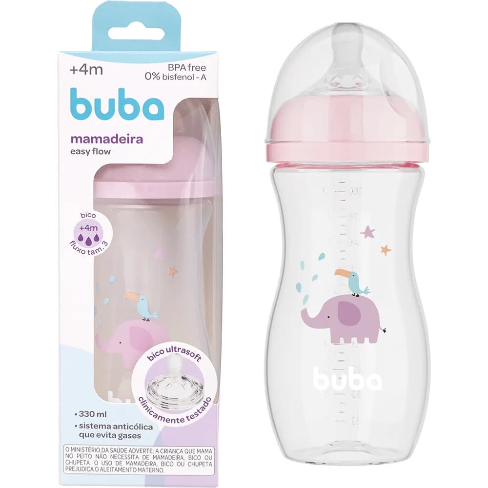 MAMADEIRA EASY FLOW ELEFANTE ROSA 330ML +4 MESES - BUBA