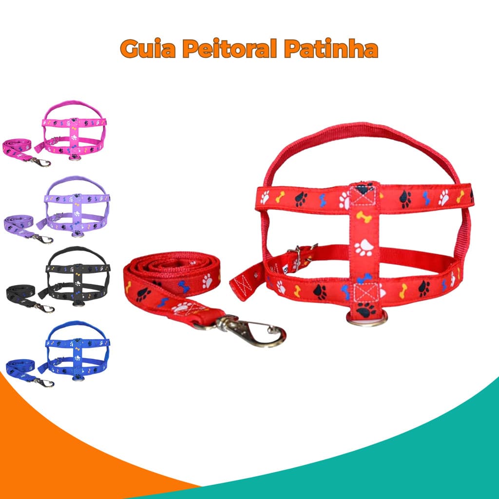 Guia Peitoral Patinhas - Cães de Pequeno e Médio Porte CORES VARIADAS
