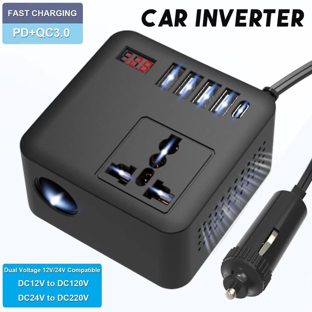 Inversor De Energia Para Carro 12v 24v A 110v 220v 150Watt Pico 300W Display LED Adaptador Conversor Carregamento Rápido