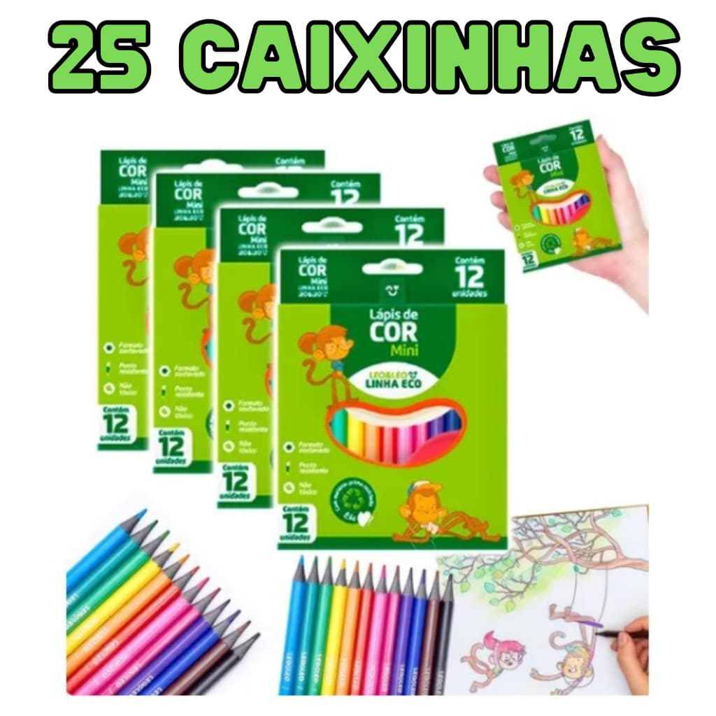 Kit 25 Caixa De Lápis De Cor Mini Pequeno Leo E Leo 12 Unidades Papelaria Escolar