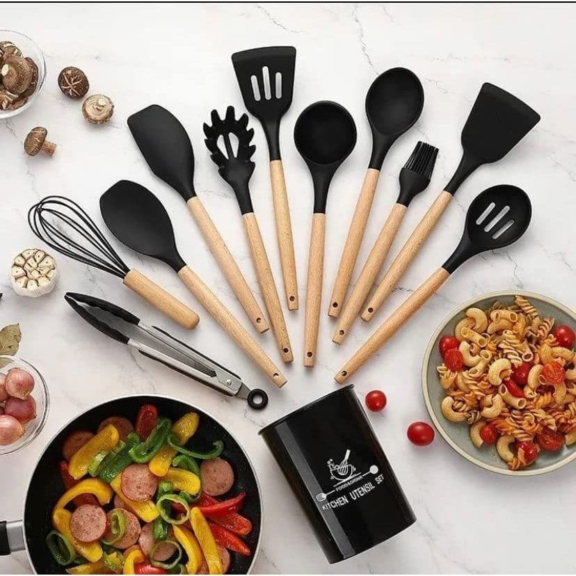 Kit C/12 Peças Utensílios De Cozinha Colheres Espatula Silicone Cabo Madeira Decoração Livre BPA
