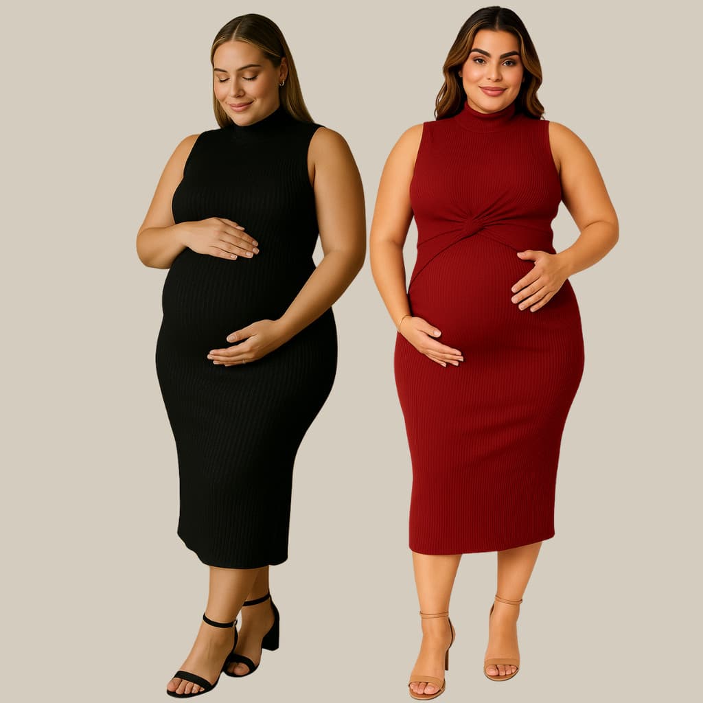 Kit 2 Vestido Plus Size Regata Gestante Canelado para Maternidade Longo Midi Moda Feminina para Gestantes,Gravidez