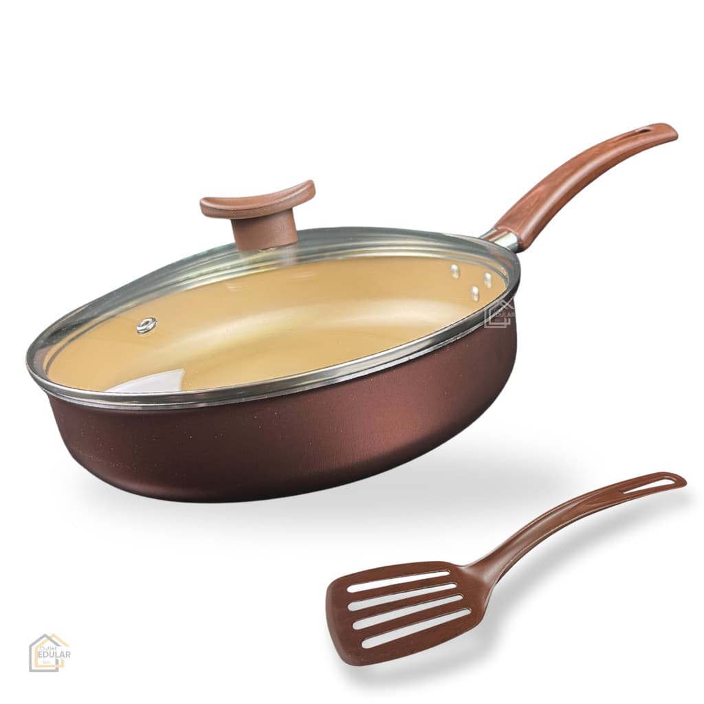 Frigideira Alta Grande 24 cm Antiaderente com Tampa de Vidro e Espátula Nylon Cor Marrom Dourado