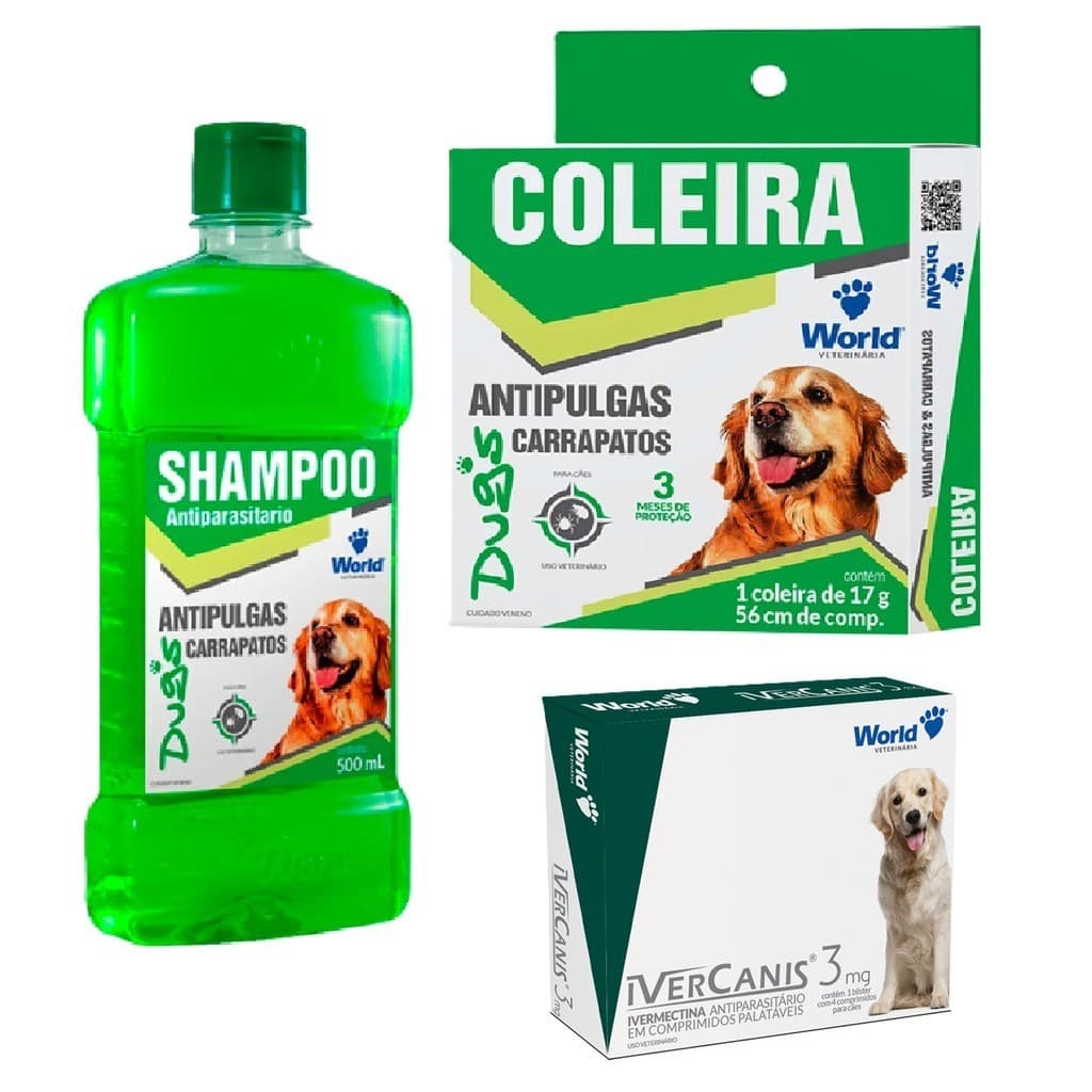Kit Coleira Anti pulga e Carrapato + Shampoo + Ivercanis 3 mg World