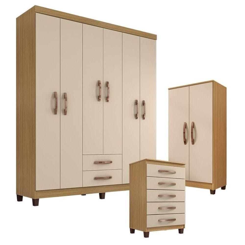 Guarda Roupa Casal Com Cômoda Cannes 5 Gavetas E Armário Multiuso Carvalho Off White Incorplac