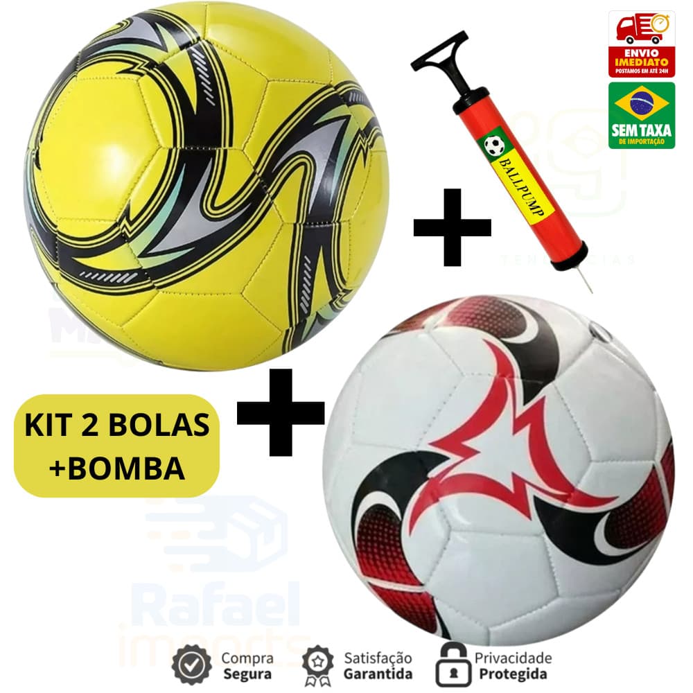 Kit 2 Bola de Futebol +1Bomba de Ar Manual Portátil Para Encher Bola Tamanho Oficial Couro Sintético