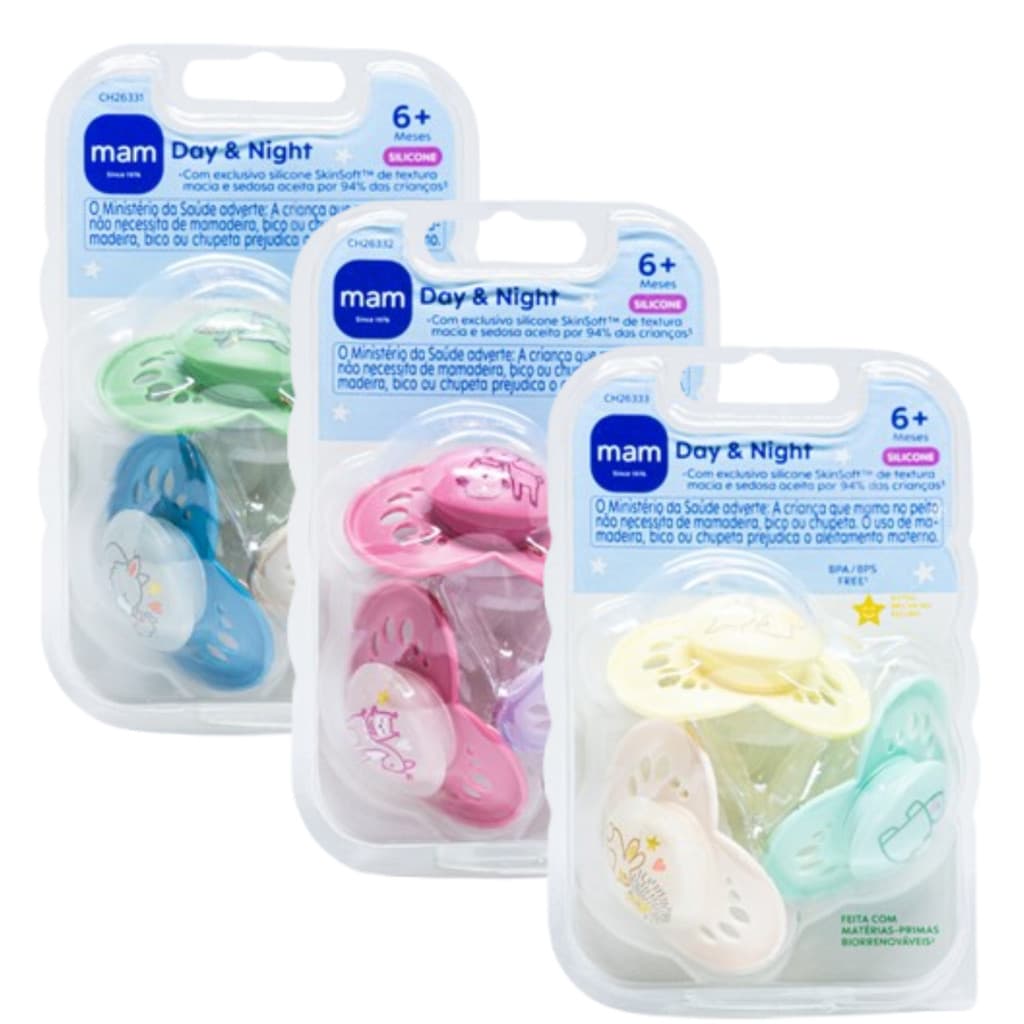 Kit 3 Chupetas MAM Original Day & Night 6+ Meses Botão Brilha No Escuro Bico Simétrico 6m+