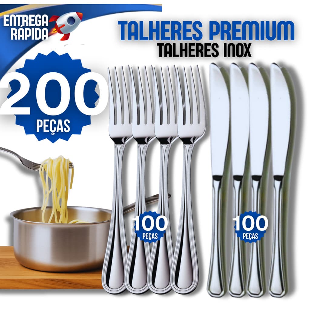 Kit 60 100 Ou 200 Garfo e Faca Talheres 100% Aço Inox 100 Garfo 100 Faca Premium Buffet Restaurante Lanchonete Qualidade