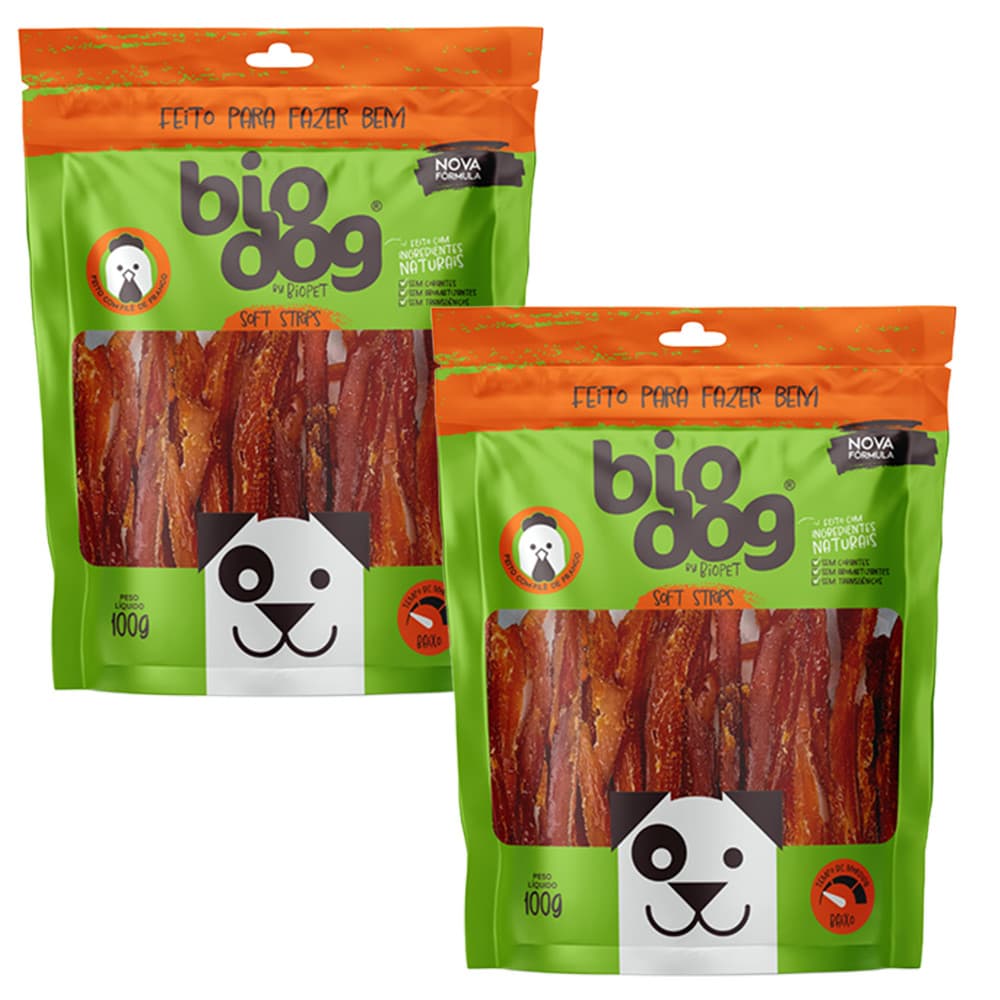 Kit 2x Petisco Natural Snack para Cães Biodog Gourmet Soft Strips - Frango
