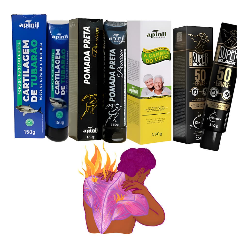 Kit 4 Pomadas Tubarão, Preta Premium, Canela Véio E 50 Ervas alivio imediato para dores musculares