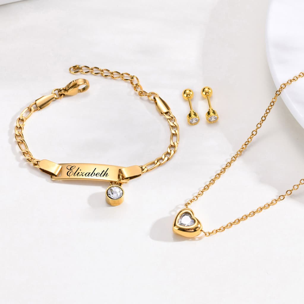 Conjunto De Joias 3 Em 1 Ouro 18K Vnox Para Crianças , Personalizado Cúbico De Zircônia , Brinco Infantil De Aço Inoxidá