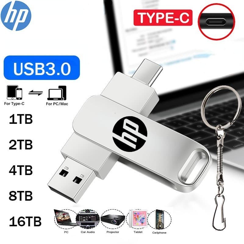 Pen Drive USB 3.0 2 Em 1 HP Flash Duplo Tipo C 1TB 2TB 4TB 8TB Disco De Memória Portátil U Mental De Alta Velocidade