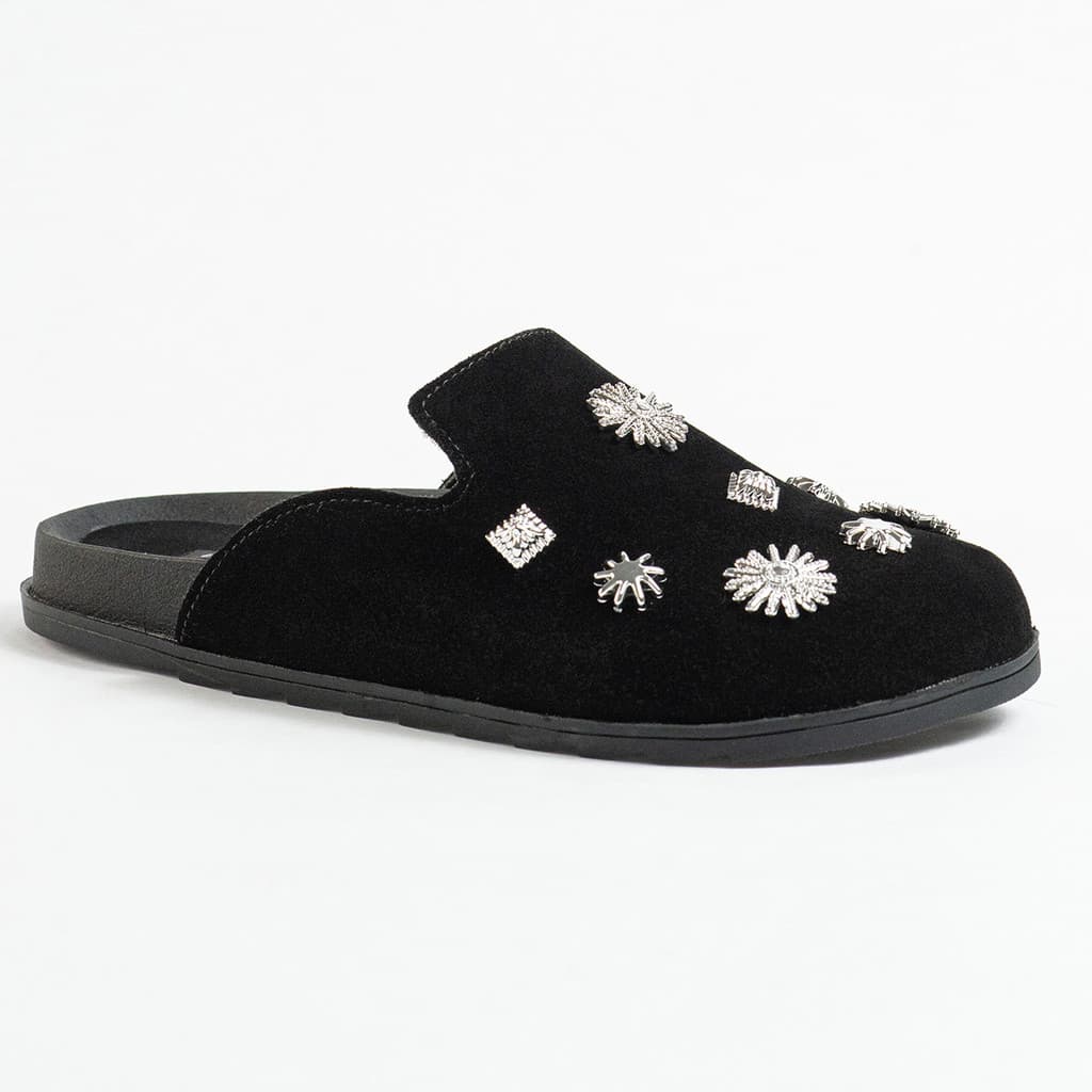 Clog Mule Feminino Camurça com Apliques Brilhantes Casual Leve Estiloso Moderno