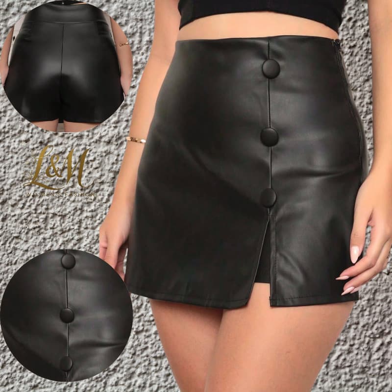 SHORT SAIA COURINO COM BOTÃO FORRADO CINTURA ALTA SAIA COURO