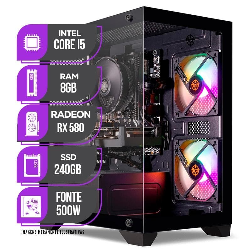 PC Gamer Mancer, Intel Core i5, RX 580 8GB, 8GB DE RAM, SSD 240GB, Fonte 500W 80 Plus
