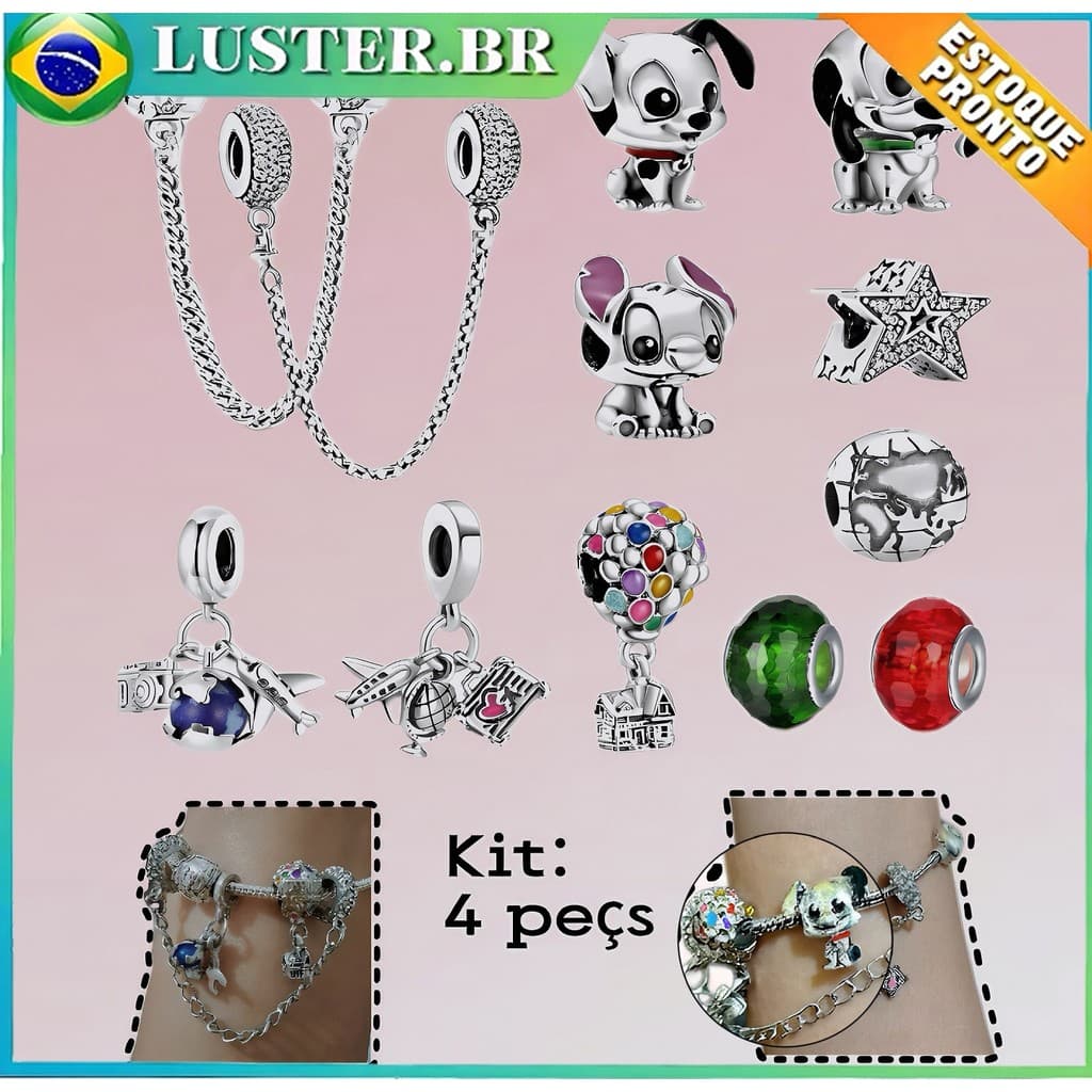 Kit  4 peças Berloque Amuletos Pingente De Prata S925 Estrela Cachorrinho Acessórios Pulseira Contas Amantes