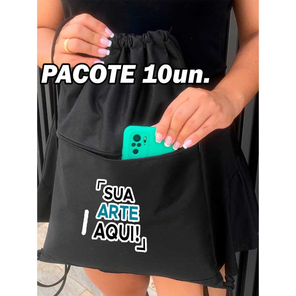 KIT 10 Mochilas Saco Corda PERSONALIZADA Academia Esportiva Gym Bag Fitness Unissex Cordão Preto Nylon Resistente