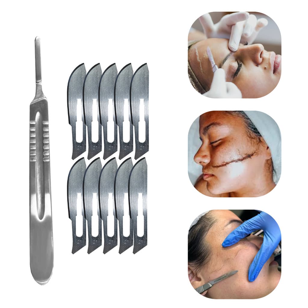 Kit Dermaplaning 10 Lâminas Nº 21 Cabo Bisturi Nº 4 Uso Estético