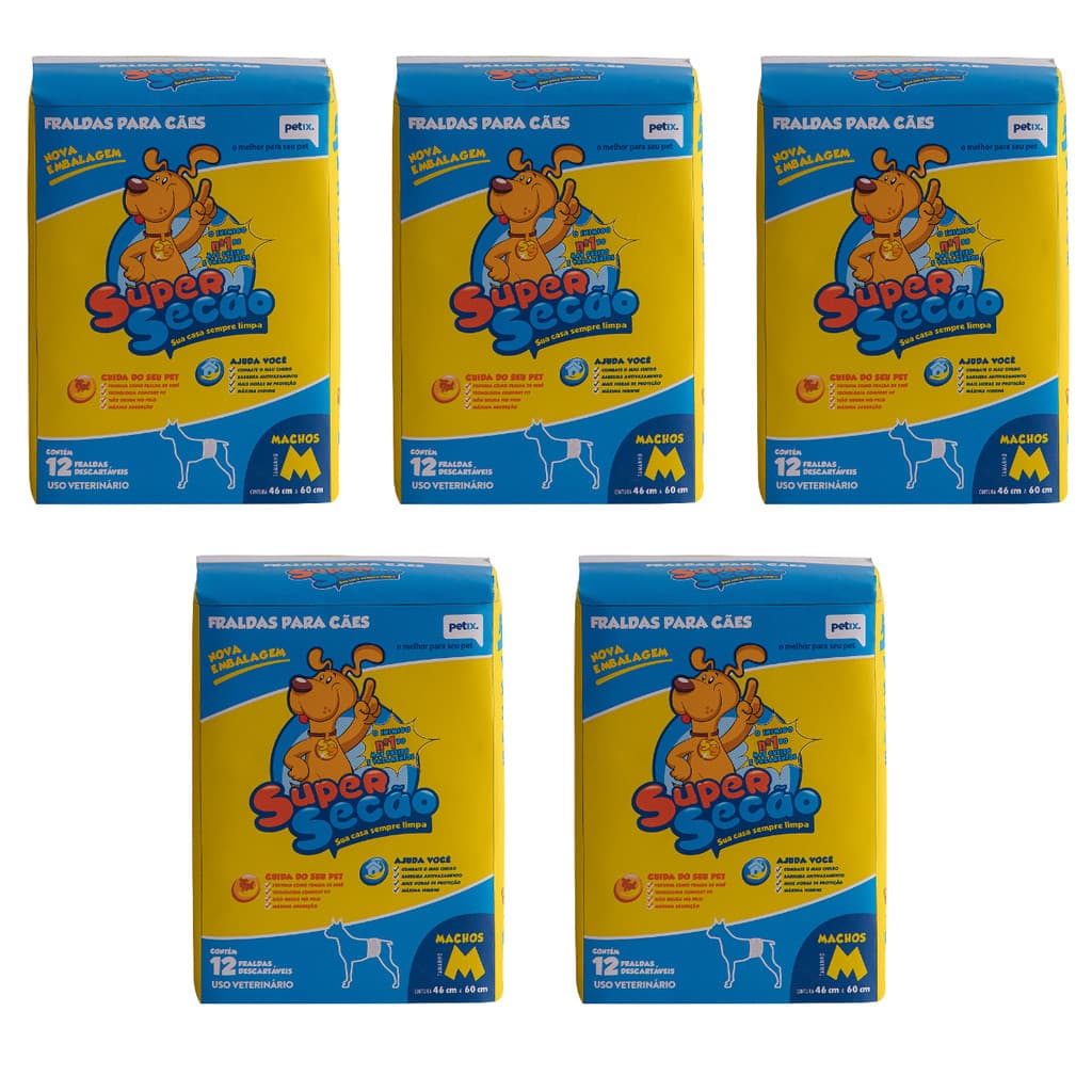 Kit 5 Fralda Descartável Super Secão Para Machos Petix 12 Unidades M