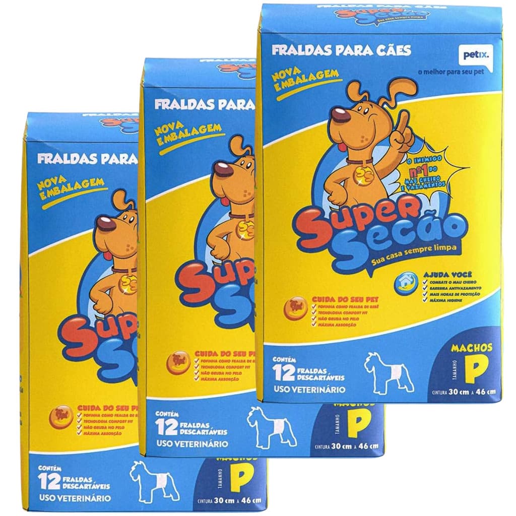 Kit 3 Fralda Descartável Super Secão Cão Macho - Petix 12 Und P