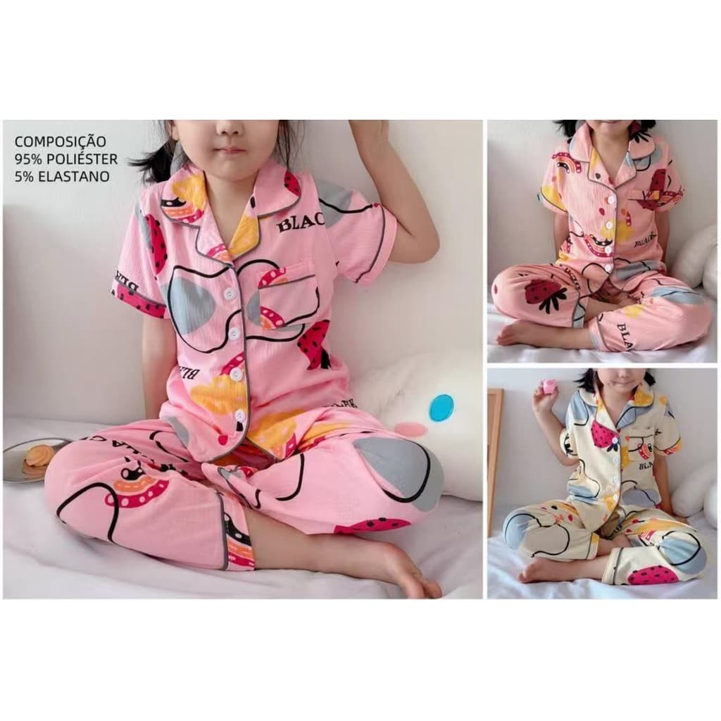 Pijama Infantil Menina Feminino Blogueira De Botão Estampado Camisa e Shorts