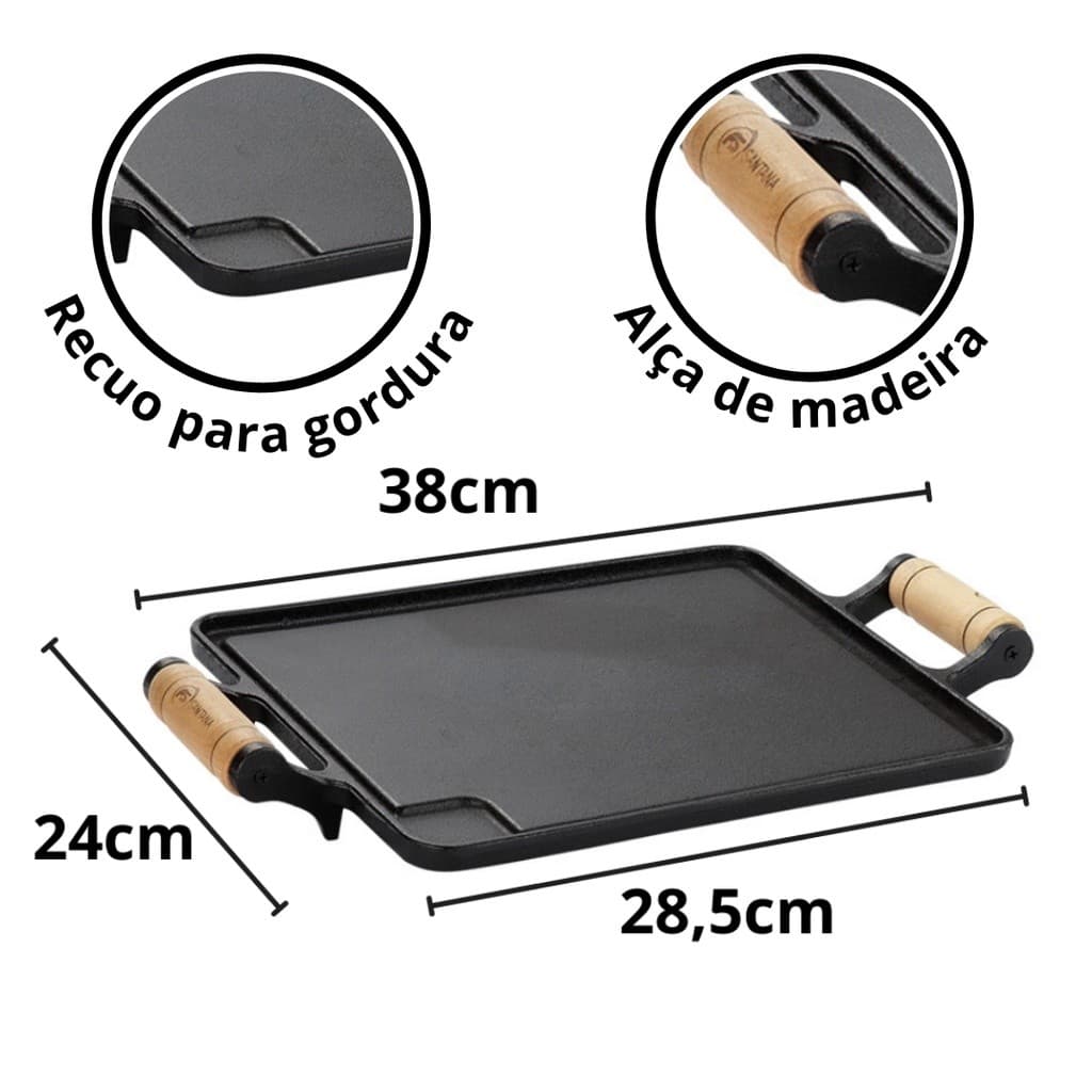 Chapa De Ferro Fundido Bifeteira 38x24 Com 2 Alças De Madeira Santana