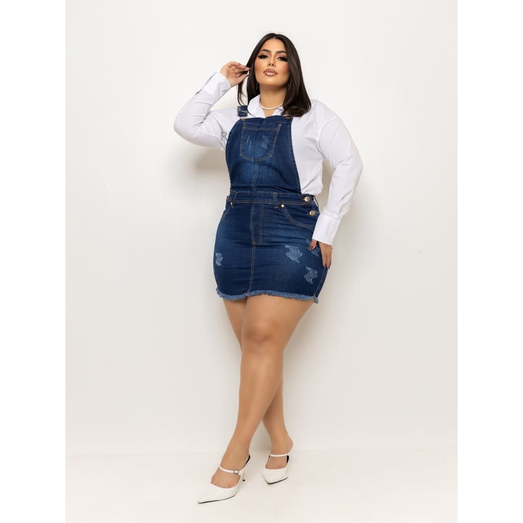 Macacão Jardineira saia jeans feminina plus size c/ Lycra