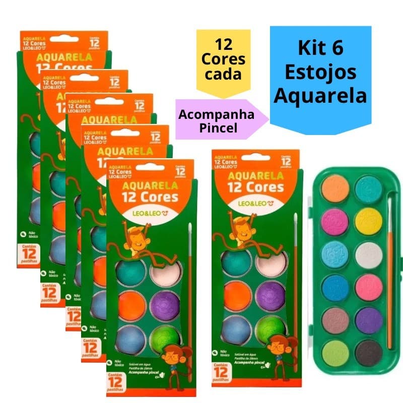 Kit 6 Estojo Aquarela 12 Cores Para Personalizar Tinta e Pincel Uso Infantil Escolar Leo&Leo