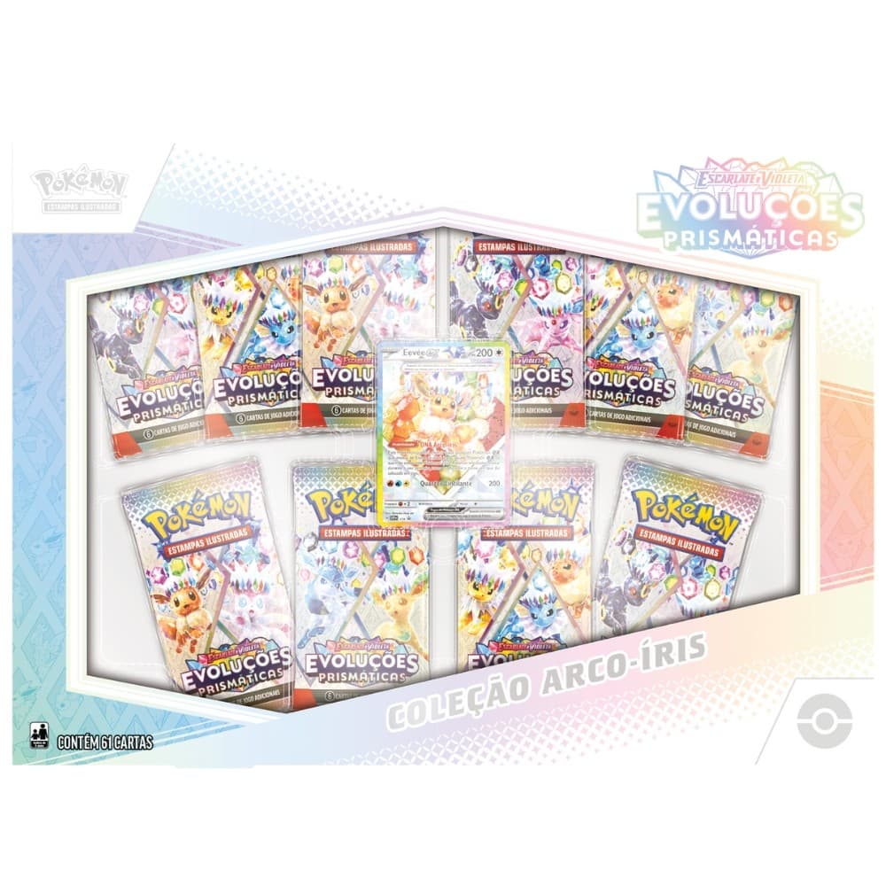 BOX POKÉMON EEVEE EX COLEÇÃO ARCO ÍRIS EVOLUÇÕES PRISMÁTICAS EV8.5 COPAG 61 CARTAS TCG BOOSTERS CARD