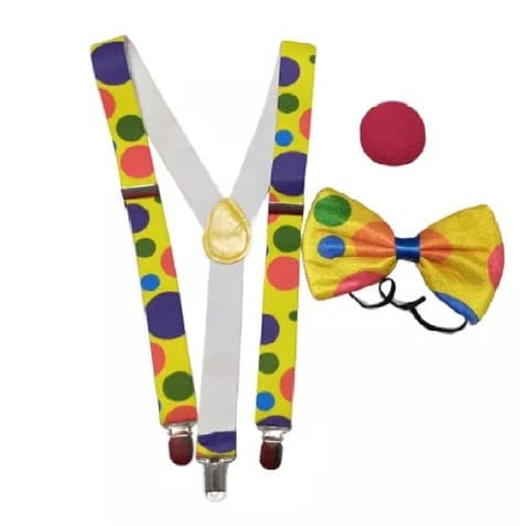 Kit 3un Fantasia Palhaço Suspensório/gravata/nariz